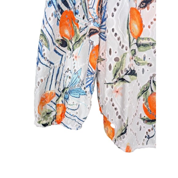 Chico's 3 Womens Tropical Citrus Orange Print Eyelet 3/4 Balloon Sleeve Top XL - Picture 6 of 9